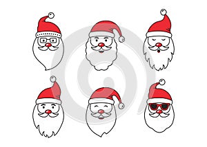 Christmas Santa Claus face vector icons, cute cartoon character, red Santa hat, New year collection, holiday winter illustration