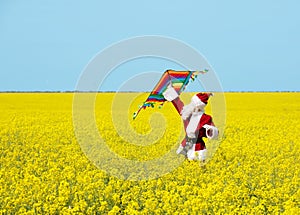 Christmas Santa Claus fling a kite in blooming yellow field.