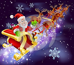 Christmas Santa Claus flying sleigh with gifts photo