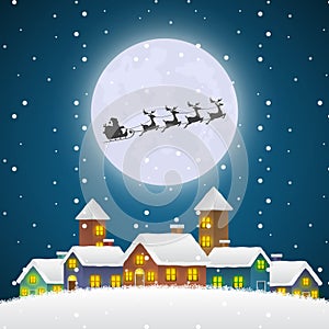 Christmas Santa Claus flying on a Sleigh Over the Winter Village