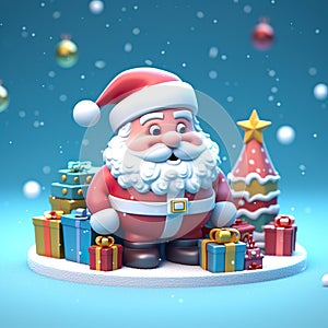 Christmas Santa Claus, gifts box 3d cartoon character. Happy New Year, Merry Christmas. Banner,Generative AI
