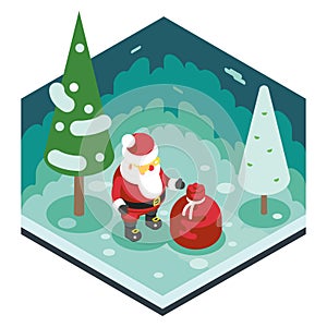 Christmas Santa Claus Grandfather Frost Gift Bag New Year Forest Wood Background Isometric 3d Flat Design Icon Template