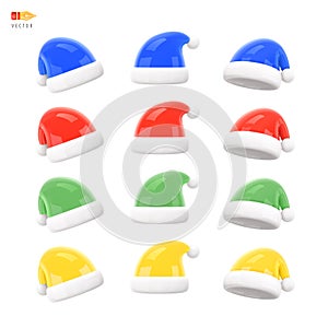 Christmas Santa Claus Hat of different colours Big Set. Christmas element of traditional costume. Realistic 3d mocup design