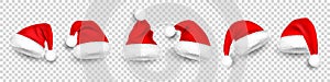 Christmas Santa Claus hats with fur. New Year red hat isolated on transparent background. Winter cap. Vector