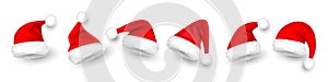 Christmas Santa Claus hats with fur. New Year red hat isolated on white background. Winter cap. Vector illustration.