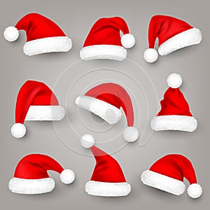 Christmas Santa Claus hats with fur. New Year red hat. Winter cap. Vector illustration.