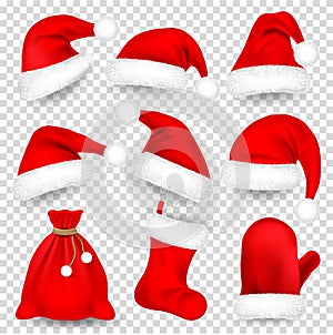 Christmas Santa Claus Hats With Fur Set, Mitten, Bag, Sock. New Year Red Hat Isolated on White Background. Winter Cap