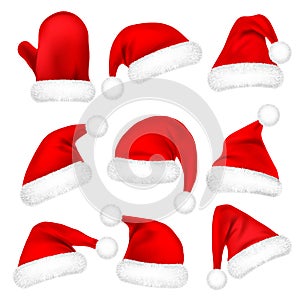 Christmas Santa Claus Hats With Fur Set, Mitten. New Year Red Hat Isolated on White Background. Winter Cap. Vector