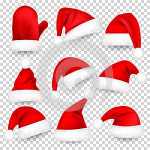 Christmas Santa Claus Hats With Fur Set, Mitten. Xmas, New Year Red Hat With Shadow. Vector illustration.