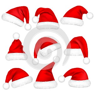 Christmas Santa Claus Hats With Fur Set. New Year Red Hat Isolated on White Background. Winter Cap. Vector illustration.