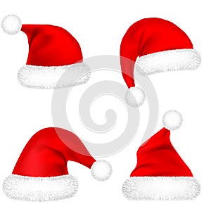 Christmas Santa Claus Hats With Fur Set. New Year Red Hat Isolated on White Background. Winter Cap. Vector illustration.