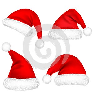 Christmas Santa Claus Hats With Fur Set. New Year Red Hat Isolated on White Background. Winter Cap. Vector illustration.