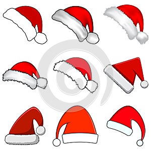 Christmas Santa Claus Hats With Fur Set. New Year Red Hat Isolated on White Background. Winter Cap. Vector illustration