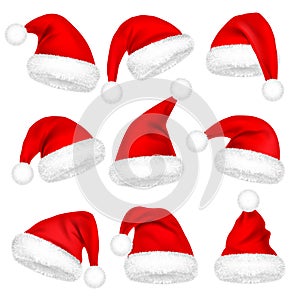 Christmas Santa Claus Hats With Fur Set. New Year Red Hat Isolated on White Background. Winter Cap. Vector illustration.