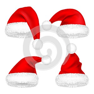 Christmas Santa Claus Hats With Fur Set. New Year Red Hat Isolated on White Background. Winter Cap. Vector illustration.