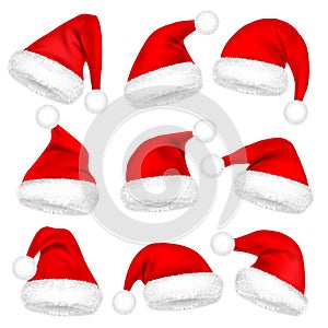 Christmas Santa Claus Hats With Fur Set. New Year Red Hat Isolated on White Background. Winter Cap. Vector illustration.