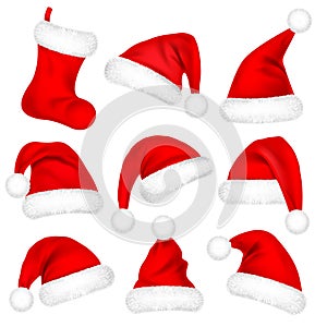 Christmas Santa Claus Hats With Fur Set, Sock. New Year Red Hat Isolated on White Background. Winter Cap. Vector