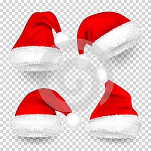 Christmas Santa Claus Hats With Fur and Shadow Set. New Year Red Hat Isolated on Transparent Background. Winter Cap