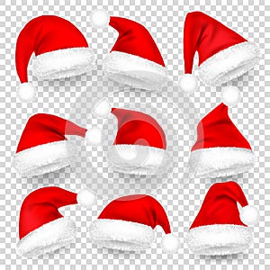 Christmas Santa Claus Hats With Fur and Shadow Set. New Year Red Hat Isolated on Transparent Background. Winter Cap