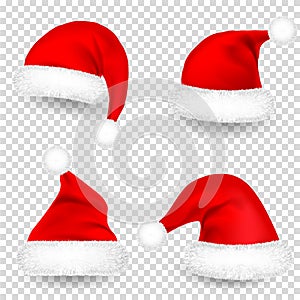 Christmas Santa Claus Hats With Fur and Shadow Set. New Year Red Hat Isolated on Transparent Background. Winter Cap