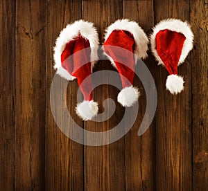 Christmas Santa Claus Hats Hanging on Wood, Xmas Family