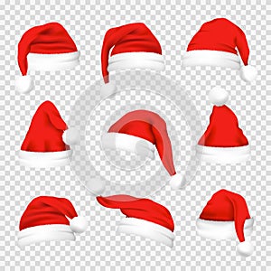 Christmas Santa Claus Hats Set. New Year Red Hat Isolated on Transparent Background
