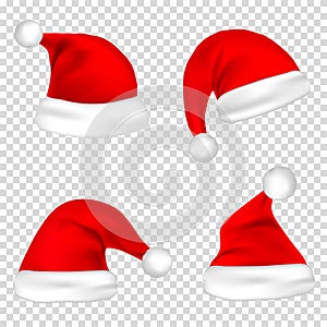 Christmas Santa Claus Hats Set. New Year Red Hat Isolated on Transparent Background. Vector illustration.