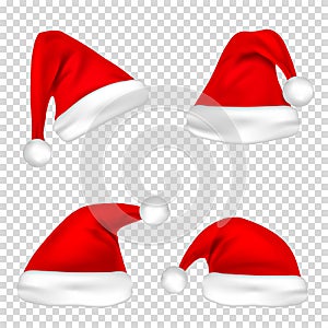 Christmas Santa Claus Hats Set. New Year Red Hat Isolated on Transparent Background. Vector illustration.