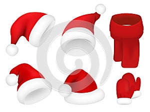 Christmas santa claus hats set. New year red hat isolated on white background. Vector illustration.