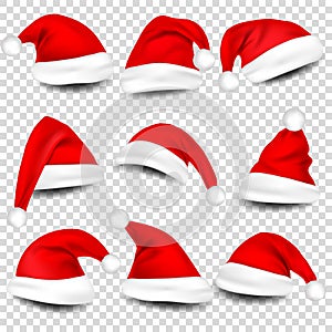 Christmas Santa Claus Hats With Shadow Set. New Year Red Hat Isolated on Transparent Background. Vector illustration.