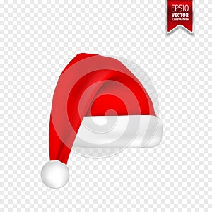 Christmas Santa Claus Hats With Shadow Set. New Year Red Hat Isolated on Transparent Background. Vector illustration.