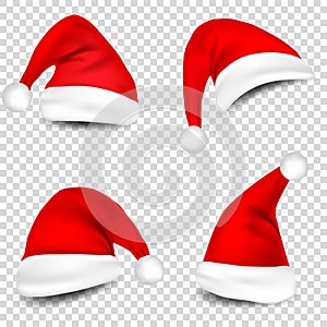 Christmas Santa Claus Hats With Shadow Set. New Year Red Hat Isolated on Transparent Background. Vector illustration.