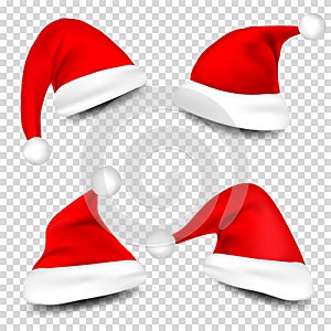 Christmas Santa Claus Hats With Shadow Set. New Year Red Hat Isolated on Transparent Background. Vector illustration.