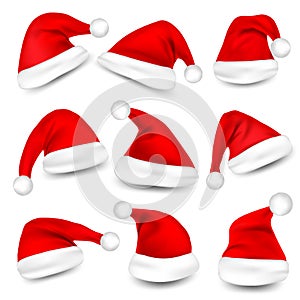 Christmas Santa Claus Hats With Shadow Set. New Year Red Hat Isolated on White Background. Vector illustration