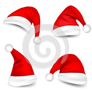 Christmas Santa Claus Hats With Shadow Set. New Year Red Hat Isolated on White Background. Vector illustration
