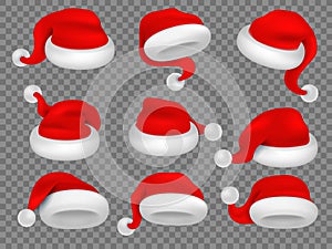 Christmas santa claus hats. Winter xmas holiday headwear. Red plush santa caps realistic vector isolated set