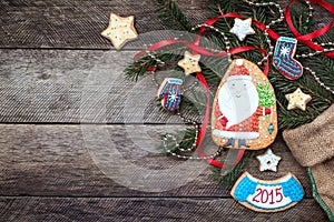 Christmas Santa Claus and New Year star cookies in rustic style