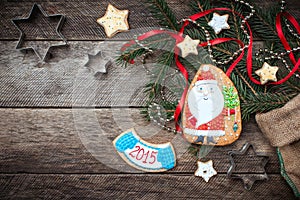 Christmas Santa Claus and New Year star cookies in rustic style