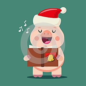 Christmas Santa Claus Pig singing caroling vector cartoon character illustration