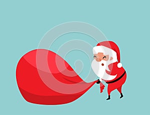 Christmas Santa Claus pulling a huge red bag of gifts with difficulty. Place for your text. Winter holiday mood vector