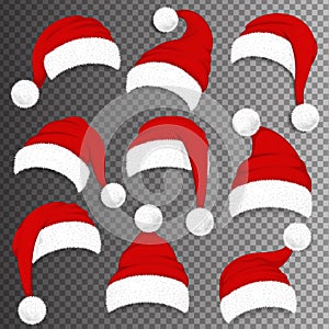 Christmas Santa Claus red hats with shadow isolated on transparent background. Vector