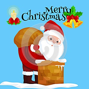 Christmas Santa Claus in red suit with bag full of gifts in the chimney climbs that would give presents on Christmas Eve