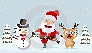 Christmas santa claus, reindeer and snowman background