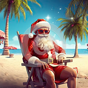Christmas Santa Claus relaxing on sunlounger at ocean sandy tropical beach under palm leaves. Blue sky, sunny day. Happy