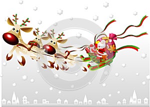 Christmas Santa Claus ride on sleigh drawn by flying reindeer cartoon Vector illustration