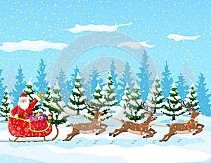 Christmas santa claus rides reindeer sleigh.