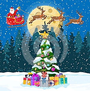 Christmas santa claus rides reindeer sleigh.