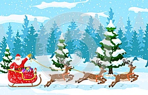 Christmas santa claus rides reindeer sleigh.