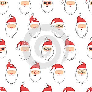 Christmas Santa Claus seamless pattern, cartoon cute head characters, red Santa hat, New Year fun background, vector winter