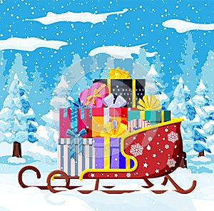 Christmas Santa Claus sleigh with gifts boxes